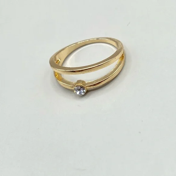 Gold Tone Crystal Double Band Delicate Ring - Picture 2 of 7